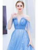 Blue Tulle Sparkly Long Prom Dress Cute With Bling Sequins