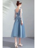 Pretty Dusty Blue Tea Length Party Dress With Long Sleeves Lace