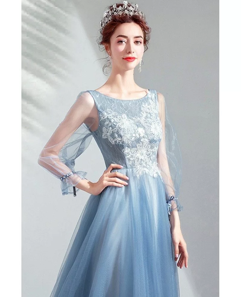 Pretty Dusty Blue Tea Length Party Dress With Long Sleeves Lace ...