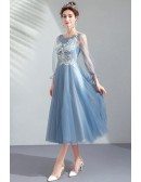 Pretty Dusty Blue Tea Length Party Dress With Long Sleeves Lace