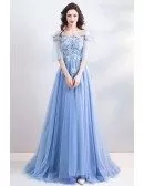 Fairy Blue Long Tulle Aline Prom Dress Off Shoulder With Sweep Train