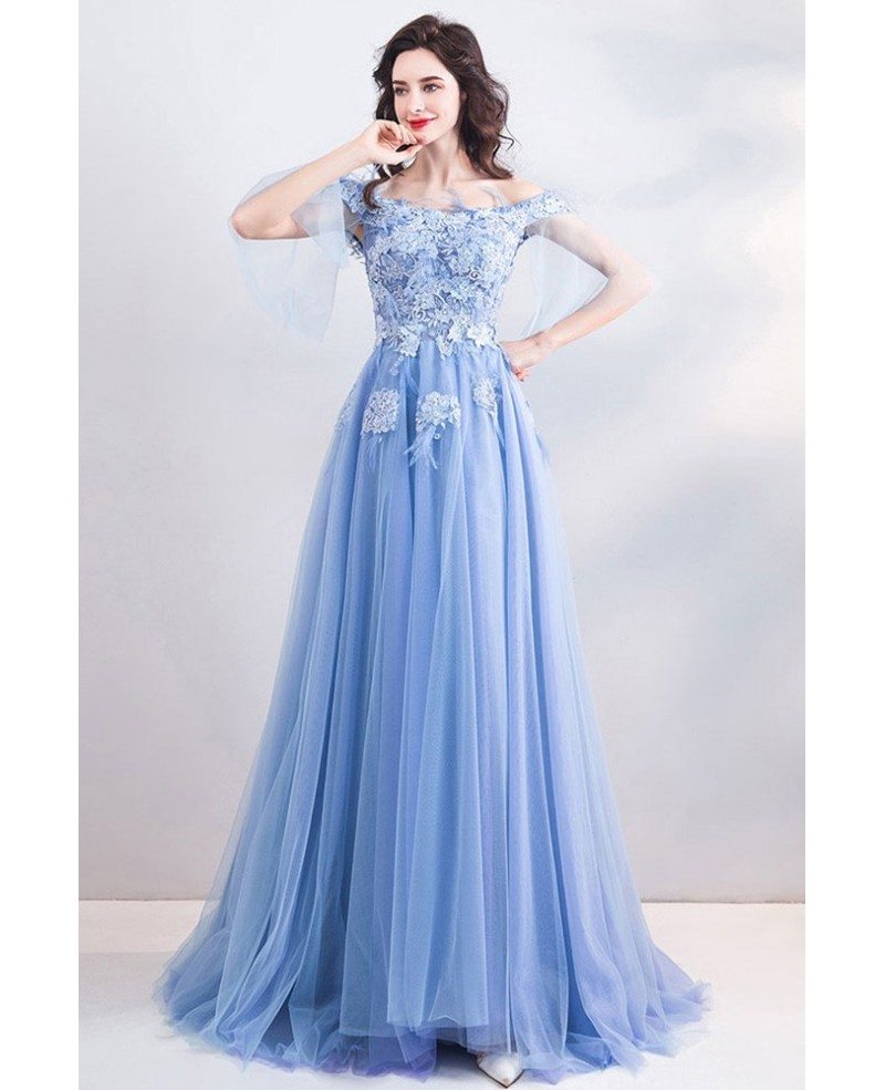 Fairy Blue Long Tulle Aline Prom Dress Off Shoulder With Sweep Train ...