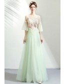 Fairytale Puffy Sleeves Lime Green Long Prom Dress Tulle With Flowers