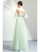 Fairytale Puffy Sleeves Lime Green Long Prom Dress Tulle With Flowers