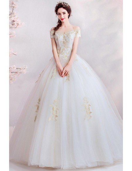 Classical Gold With Ivory Ballgown Wedding Dress Off Shoulder With Embroidery