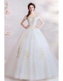 Classical Gold With Ivory Ballgown Wedding Dress Off Shoulder With Embroidery