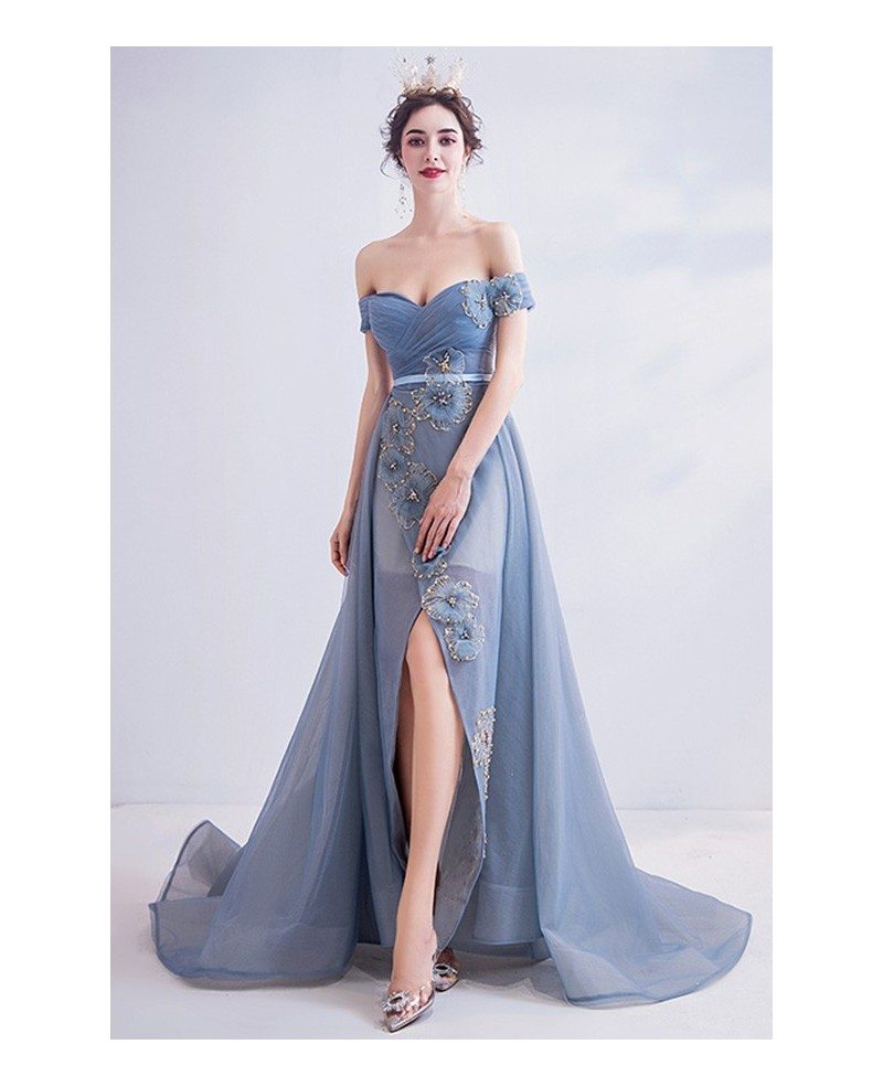 Sexy Off Shoulder Dusty Blue High Low Prom Party Dress With Train