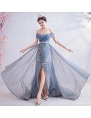 Sexy Off Shoulder Dusty Blue High Low Prom Party Dress With Train