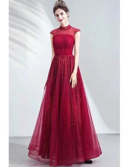 Vogue High Neck Modest Prom Dress Long With Illusion Neckline