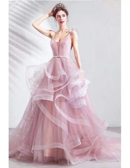 Stunning Pink Cascading Ruffles Prom Dress With Train Straps
