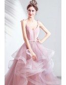 Stunning Pink Cascading Ruffles Prom Dress With Train Straps