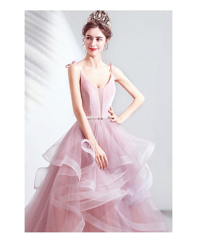 Stunning Pink Cascading Ruffles Prom Dress With Train Straps Wholesale ...