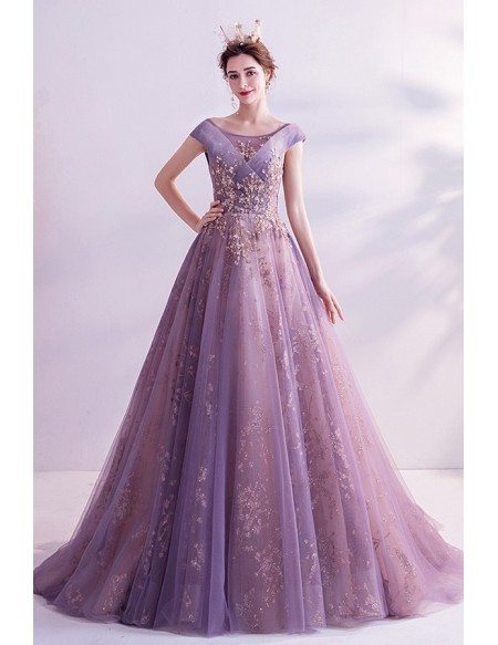 Dusty Purple With Gold Bling Formal Prom Dress With Cap Sleeves