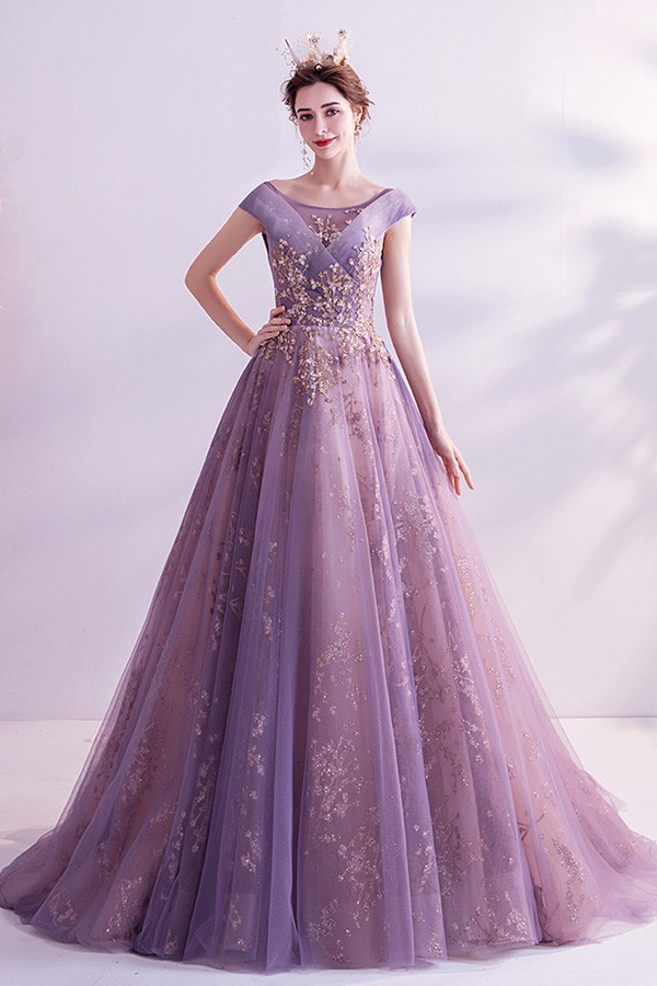 Dusty Purple With Gold Bling Formal Prom Dress With Cap Sleeves ...
