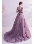 Dusty Purple With Gold Bling Formal Prom Dress With Cap Sleeves