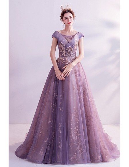 Dusty Purple With Gold Bling Formal Prom Dress With Cap Sleeves ...