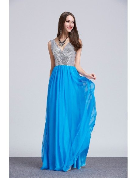 Stylish A-Line V-neck Sequined Chiffon Long Prom Dress With Ruffle