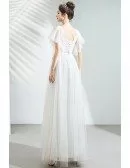 Long White Flowy Tulle Pretty Party Dress Vneck With Puffy Sleeves