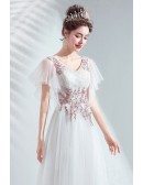 Long White Flowy Tulle Pretty Party Dress Vneck With Puffy Sleeves