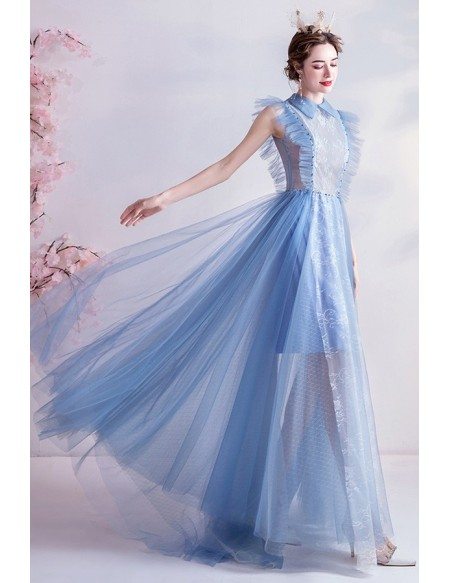 Noble Mist Blue Long Prom Dress With Lace Collar Sleeveless
