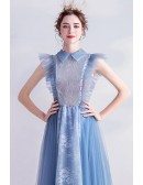 Noble Mist Blue Long Prom Dress With Lace Collar Sleeveless
