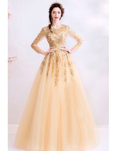 Luxe Champagne Gold Long Sleeve Prom Dress Tulle With Beaded Lace