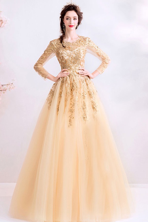 Champagne Gold Tulle Sequins Long Sleeve Appliques Prom Dress