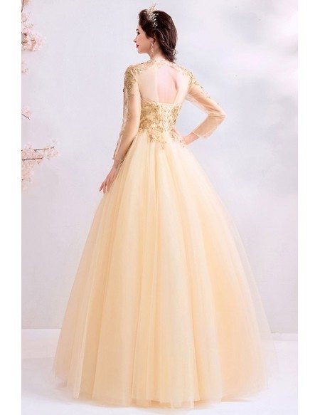 Luxe Champagne Gold Long Sleeve Prom Dress Tulle With Beaded Lace
