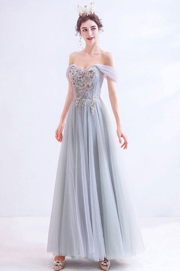 Gorgeous Grey Embroideried Flowers Tulle Prom Dress Off Shoulder ...