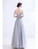 Gorgeous Grey Embroideried Flowers Tulle Prom Dress Off Shoulder