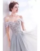 Gorgeous Grey Embroideried Flowers Tulle Prom Dress Off Shoulder
