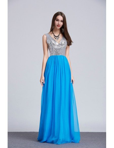 Stylish A-Line V-neck Sequined Chiffon Long Prom Dress With Ruffle
