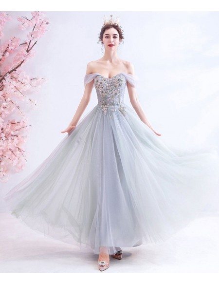 Gorgeous Grey Embroideried Flowers Tulle Prom Dress Off Shoulder ...