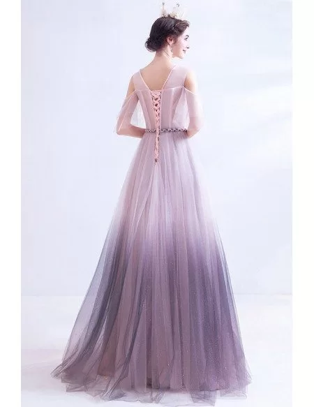 Unique Ombre Pink With Purple Long Tulle Prom Dress With Cold Shoulder