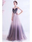 Unique Ombre Pink With Purple Long Tulle Prom Dress With Cold Shoulder
