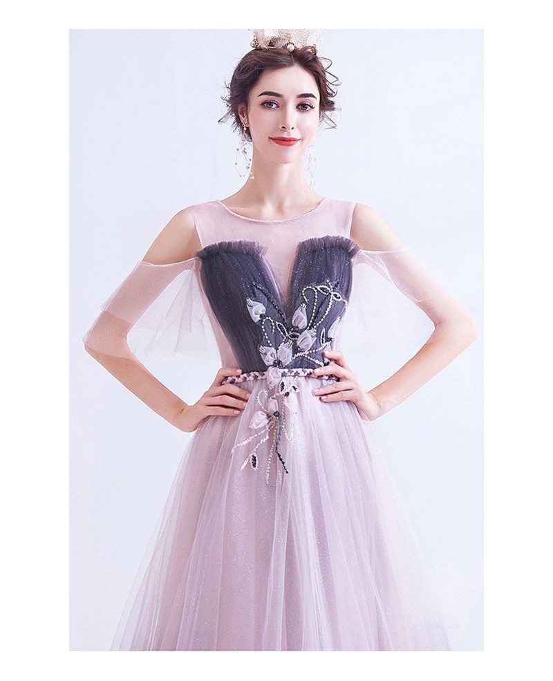 Unique Ombre Pink With Purple Long Tulle Prom Dress With Cold Shoulder ...