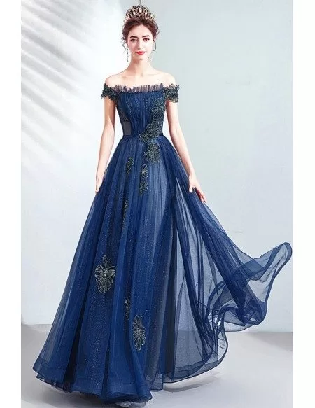 Popular Navy Blue Off Shoulder Aline Prom Dress With Bling Flowers