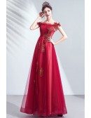Off Shoulder Burgundy Red Tulle Prom Dress Aline With Embroidery