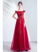 Off Shoulder Burgundy Red Tulle Prom Dress Aline With Embroidery