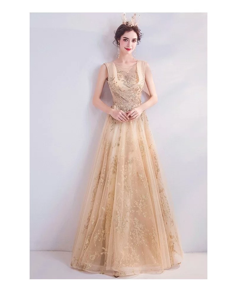 Luxe Gold Aline Long Tulle Prom Dress ...