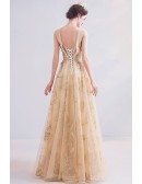 Luxe Gold Aline Long Tulle Prom Dress With Round Neck