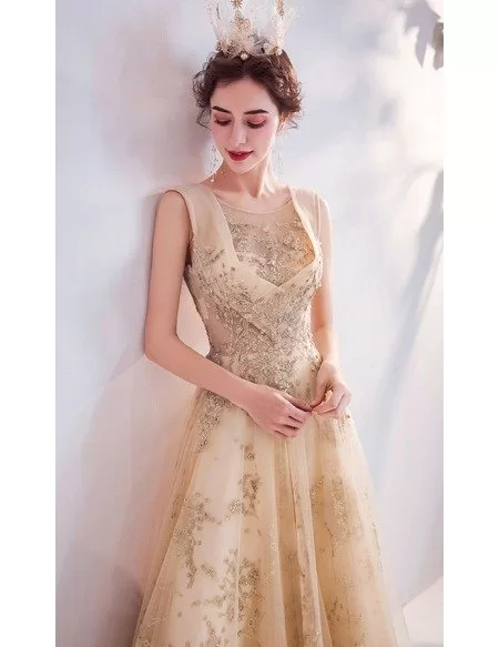 Luxe Gold Aline Long Tulle Prom Dress With Round Neck