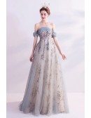 Romantic Dusty Green Long Prom Dress Off Shoulder With Sparkly Sequins