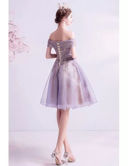 Pretty Short Purple Prom Dress Off Shoulder With Embroidery