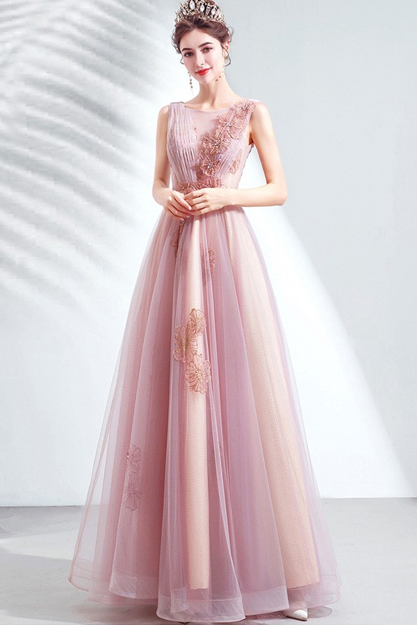 Gorgeous Pink Tulle Long Prom Dress With Embroidery Flowers Wholesale # ...