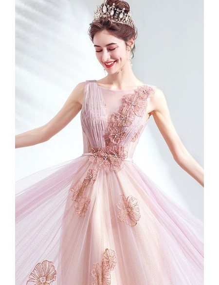 Gorgeous Pink Tulle Long Prom Dress With Embroidery Flowers