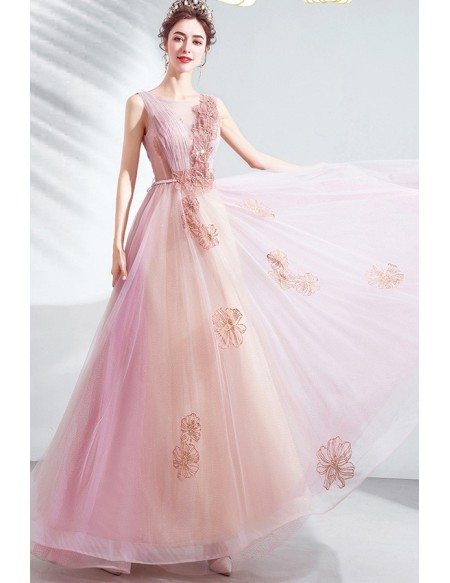 Gorgeous Pink Tulle Long Prom Dress With Embroidery Flowers Wholesale # ...