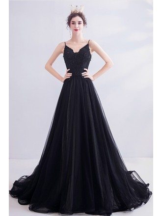 Formal Black Long Train Evening Prom Dress With Open Back