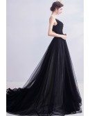 Formal Black Long Train Evening Prom Dress With Open Back