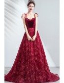 Bling Star Burgundy Long Prom Dress Red Sweetheart With Train Straps